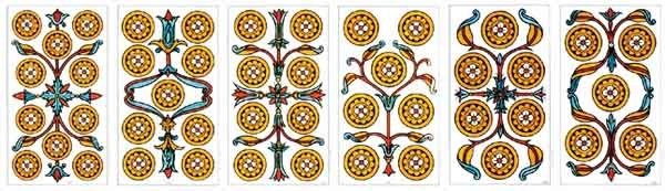 Pip cards from the Tarot of Marseille: Pentacles 10 to 5.