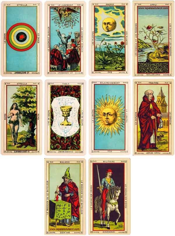 Cards from the Tarot of Etteilla.
