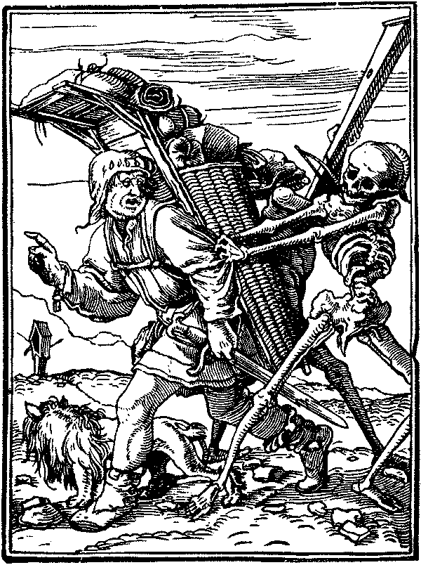 Death catching a pedlar. Illustration from Dance of Death by Hans Holbein the Younger, 1526.