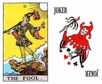 The Tarot Fool and the Joker playing card.