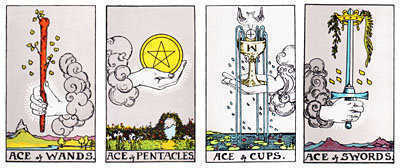 The four Aces of the Tarot Suits.